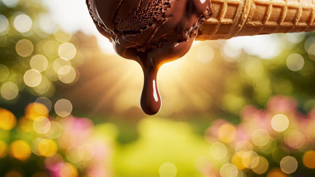 Melting Chocolate Ice Cream Cone in a Sunny Garden