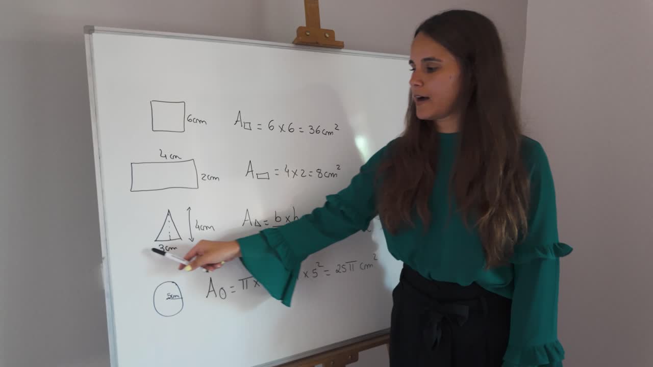 niña explicando fórmulas de área geométrica en una pizarra
