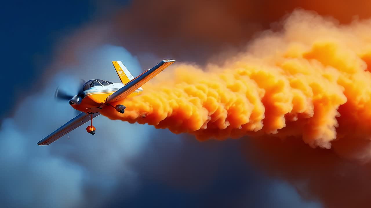 Aerial Display of a Vibrant Orange Smoke Trail from an Aircraft Performing Stunts Against a Brilliant Blue Sky, Capturing the Thrill of Aviation in Dynamic Photographic Form