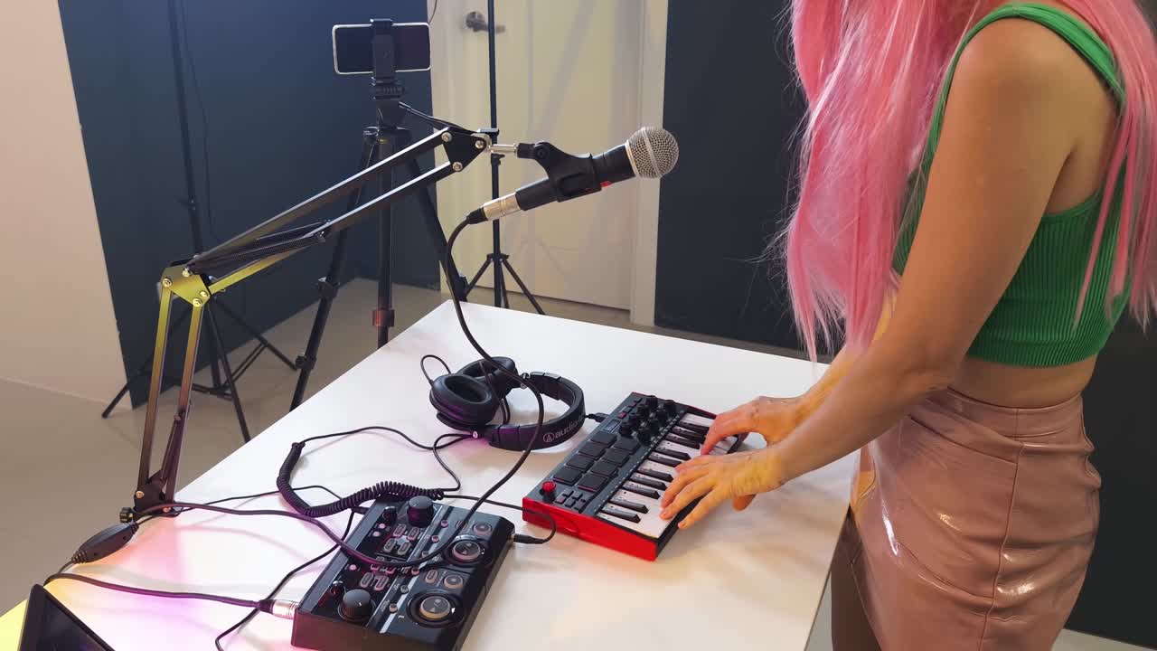 sesión de producción musical con una mujer de cabello rosa