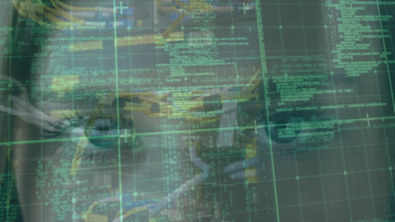 Animation of data processing over caucasian woman's face