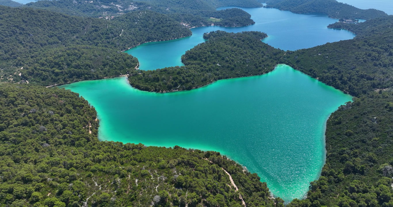 Aerial view of vibrant turquoise saltwater lakes surrounded by dense forest in Mljet National Park, Croatia