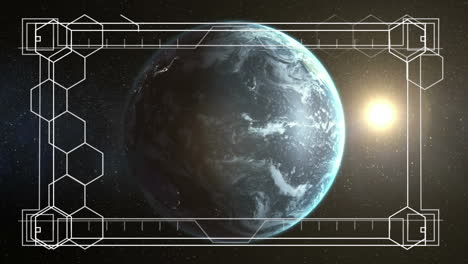 animación del planeta tierra con escaneo de alcance y red de hexágonos en el universo