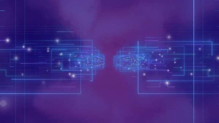 Animation of glowing connections and data processing over purple background