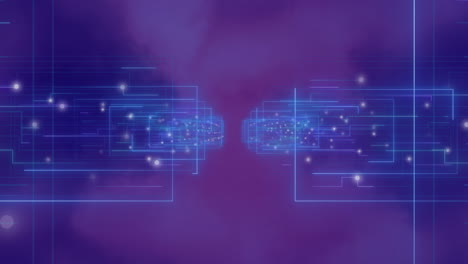 animación de conexiones brillantes y procesamiento de datos sobre un fondo púrpura