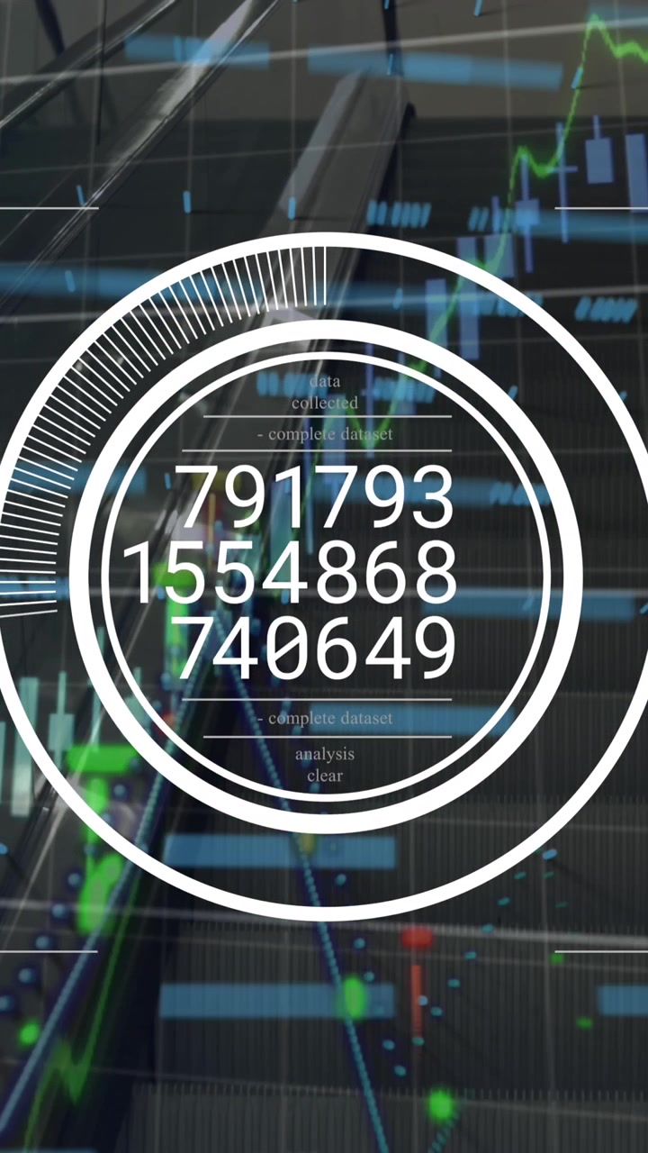 Animation of financial data processing and round scanner against empty escalator
