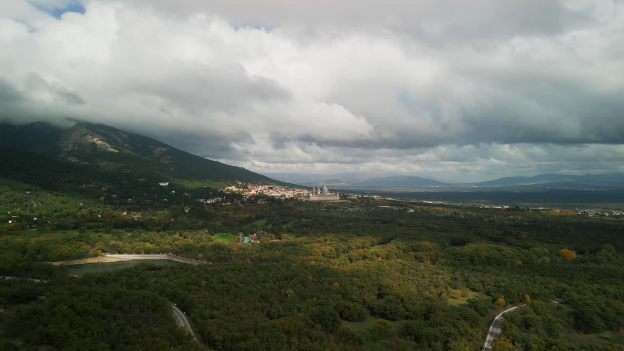 Aerial View of El Escorial Monastery and Town in Mountain Landscape