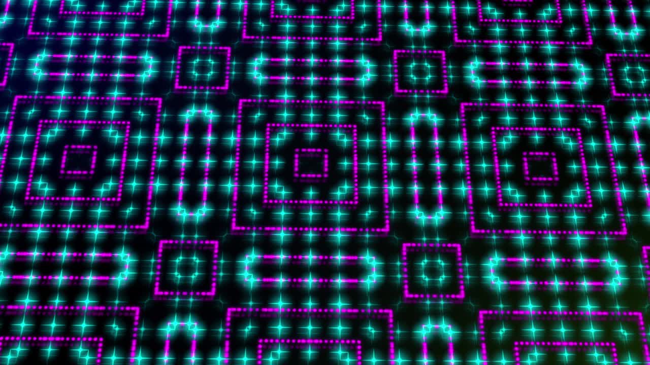 ilustración animada de luz que brilla con puntos rosados y azules y estrellas de formas cuadradas.