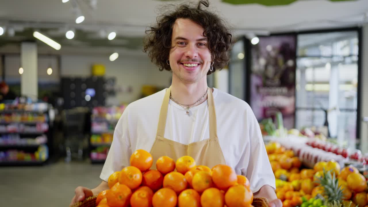 Portrait of a happy guy with curly hair as a supermarket worker who holds in his hands a large basket with a lot of tangerines and citrus fruits in the supermarket