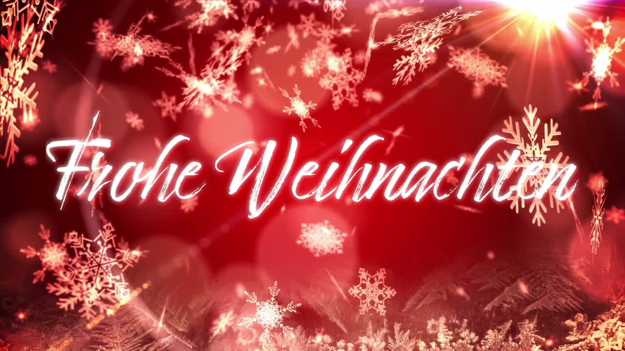 Animation des Textes „Frohe Weihnachten“ über fallendem Schnee vor weihnachtlich rotem Hintergrund