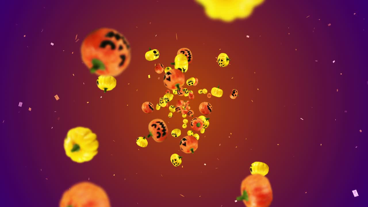 많은 오렌지색과 노란색의 호박을 날아다니며, 그라디언트 배경, 미소로 만화 얼굴, 할로윈 휴가에 대한 3d 애니메이션, 루프 애니메이션.