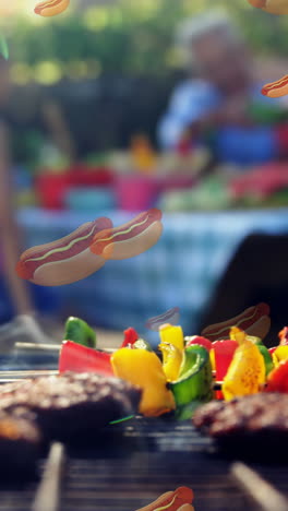animation of failing hot dogs over caucasian family outside and grill