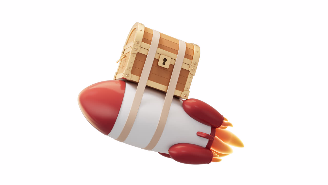 la caja del tesoro retro en el cohete en el canal alfa, renderización en 3d.