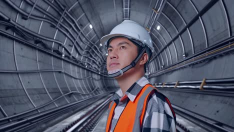 close up side view of asian male engineer with safety helmet looking around while standing in underground subway tunnel