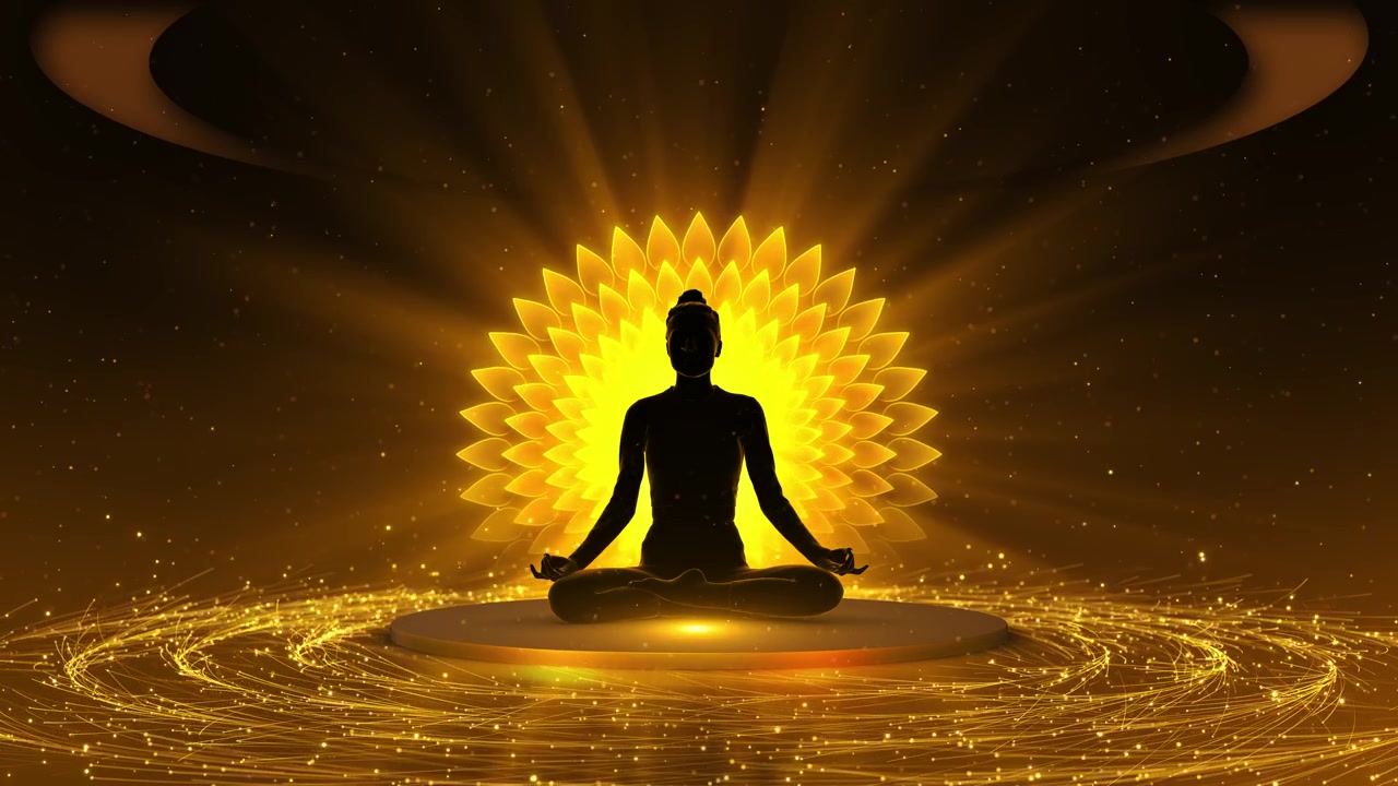 Donna spirituale che medita in posizione del loto, simboli chakra luminosi su uno sfondo nero, animazione 3D.