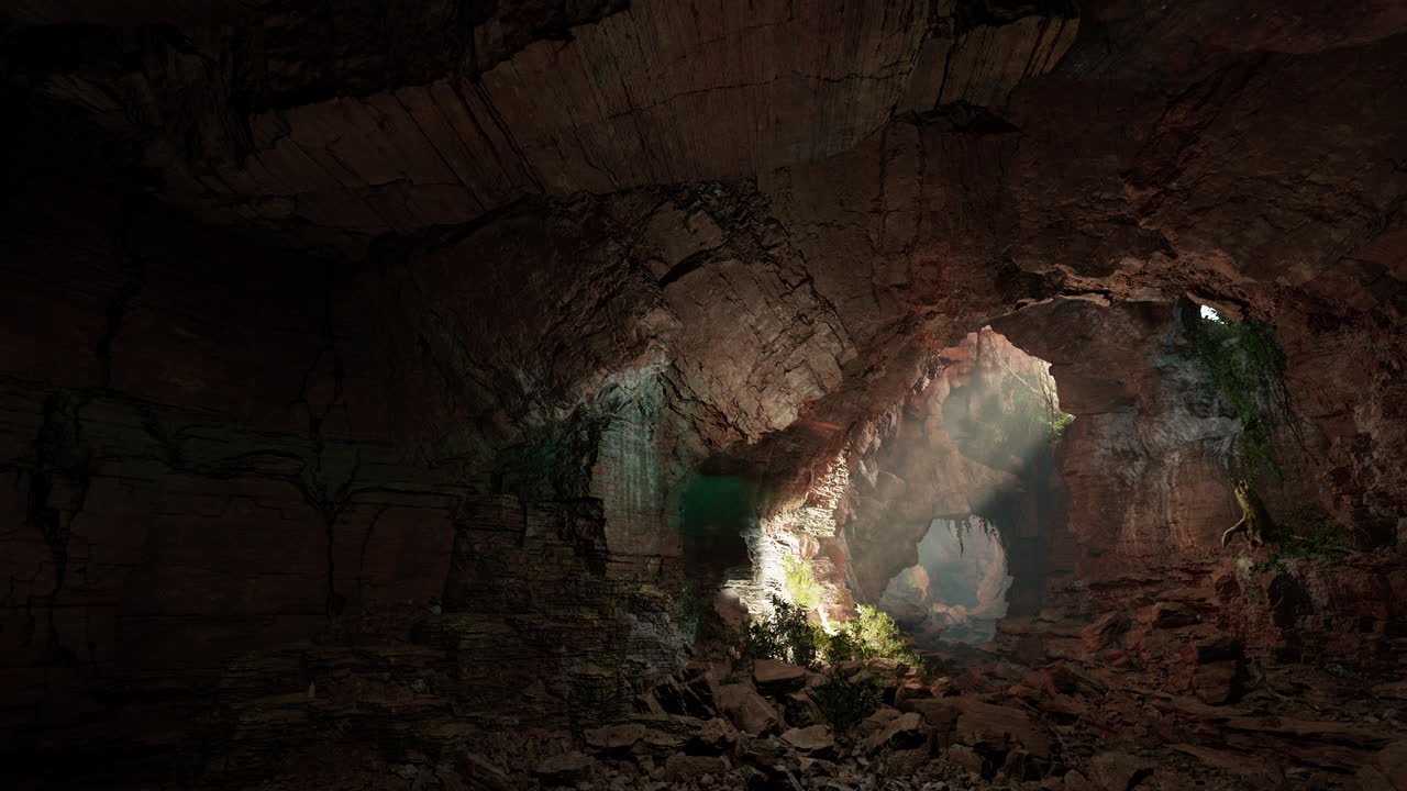 una vista dentro de una cueva oscura con una luz brillando a través de la entrada