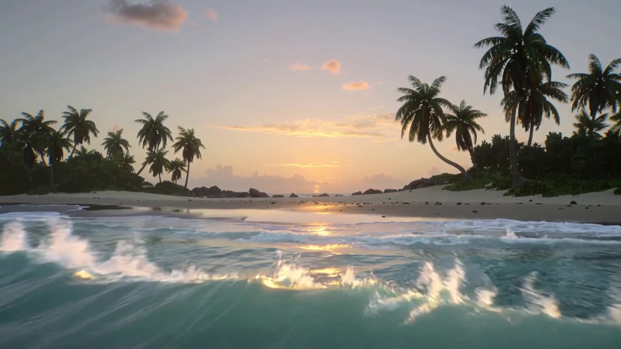 Maré alta puxando as ondas, costa tropical com palmeiras emoldurando, espuma quebrando cintilando na areia molhada