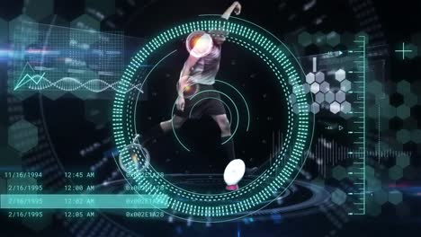 animación de procesamiento de datos y escaneo de alcance sobre jugador de rugby afroamericano.