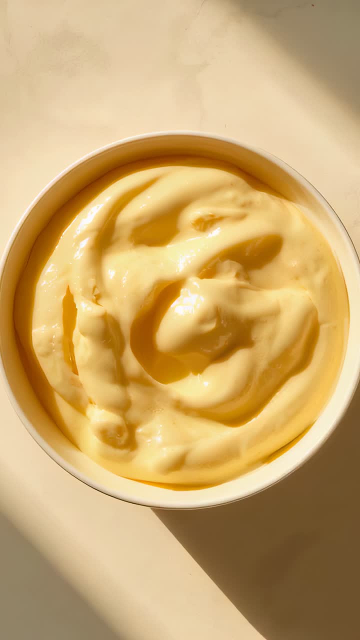 Vertical video: Panning cam showing white cup on marble showing pale yellow mousse under sun shadow