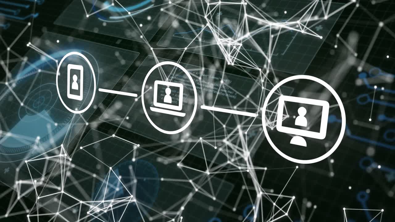 animación de iconos de medios sobre el procesamiento de datos en fondo negro