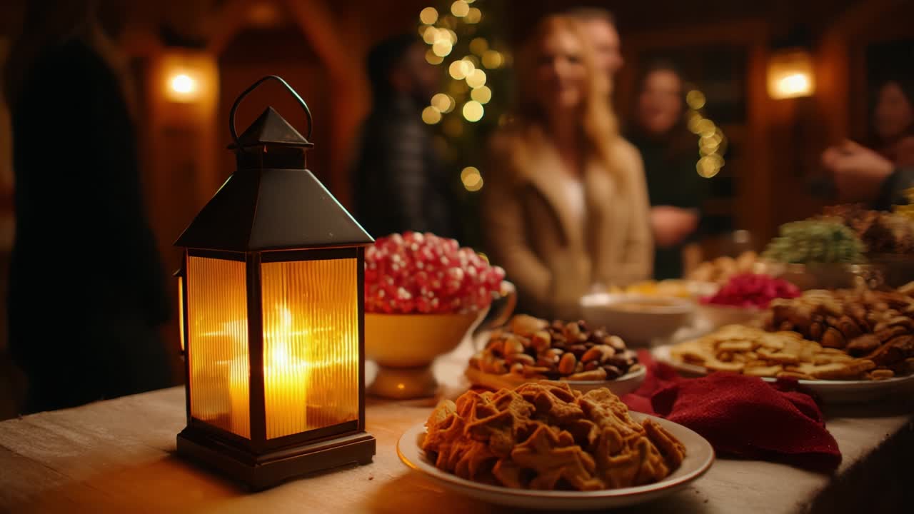 A Festive Gathering Around a Cheerful Buffet Featuring Delicious Treats and Twinkling Lights, Capturing the Warmth of a Winter Celebration with Friends and Family in a Cozy Setting