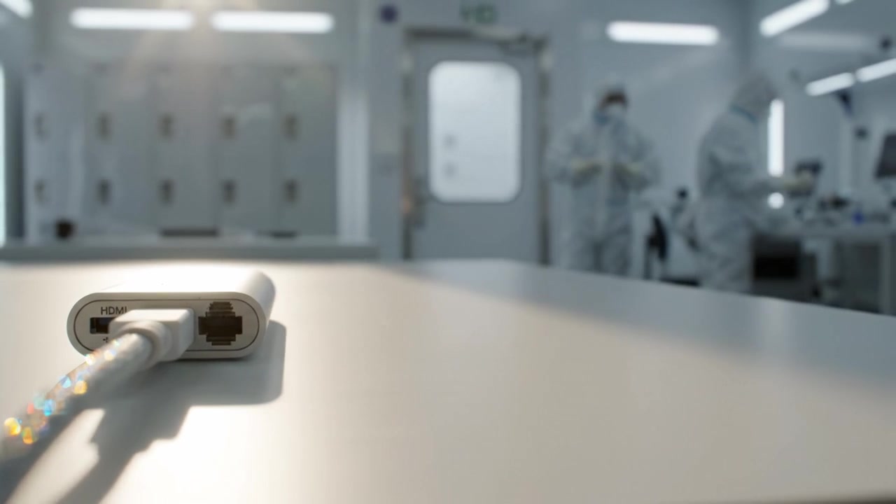 Futuristic Laboratory Setup Featuring a Connected Device and Scientists in Protective Gear Working Amidst Advanced Technology Environment