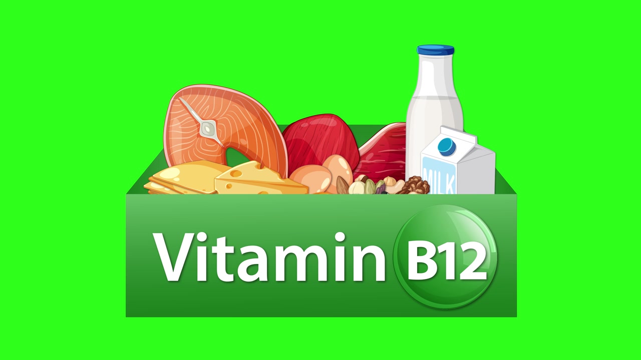 Box fills with cheese, meat, milk, and nuts, highlighting vitamin B12 food sources, bright lighting