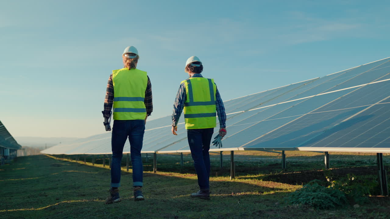 Engineers Inspecting Solar Panels at a Solar Farm