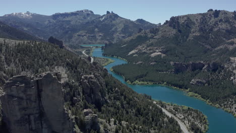 aerial - limay river in valle encantado, patagonia, neuquen, argentina, truck right