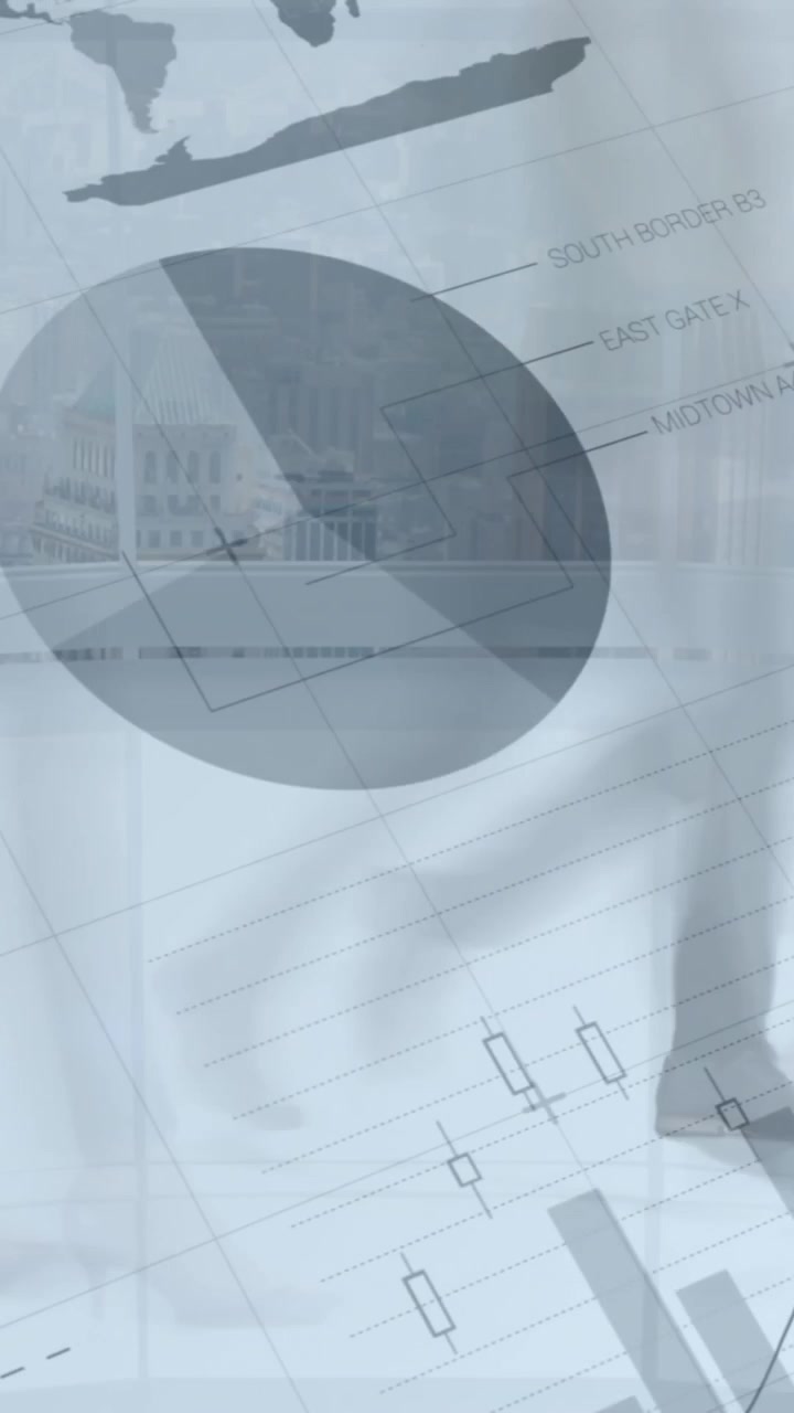Animazione dell'elaborazione di dati finanziari su persone d'affari che camminano in ufficio
