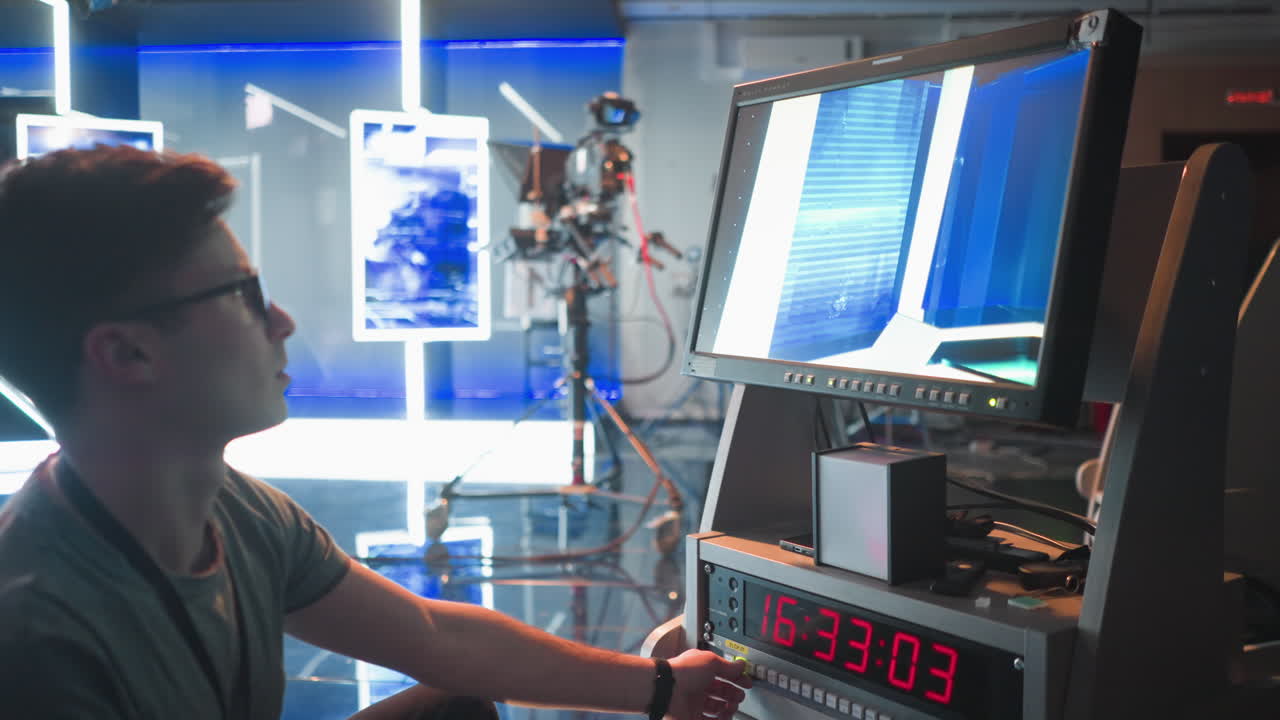 Person operating camera and video equipment in TV studio, focused on monitor showing broadcast setup. Timer displayed on control panel while adjusting settings for filming or production