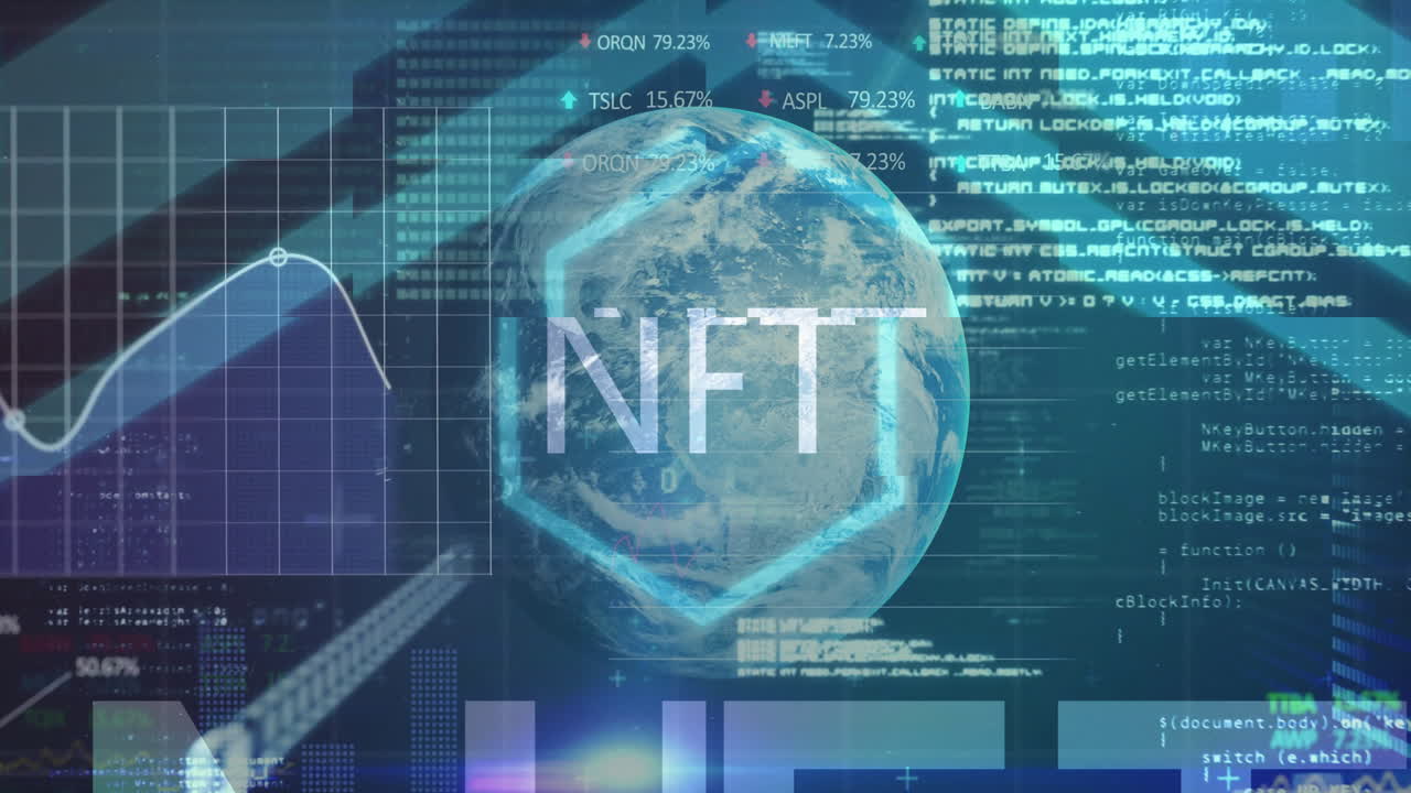 NFT animation with digital globe surrounded by financial data and graphs