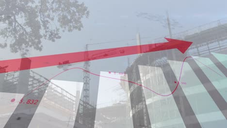 Animation-of-financial-data-processing-and-statistics-with-red-arrow-over-cityscape