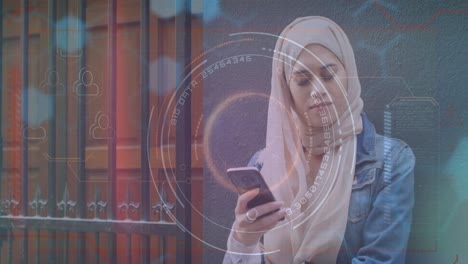 Animation-of-data-and-processing-circle-over-middle-easters-woman-using-smartphone
