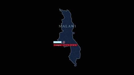 Mapa-Azul-De-Malawi-Con-La-Capital-De-Lilongwe-Y-Coordenadas-Geográficas-Sobre-Fondo-Negro