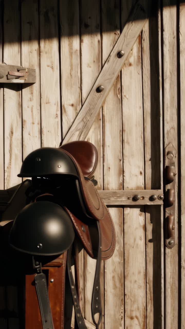 Primo piano di una sella da cavallo in pelle marrone e casco da equitazione