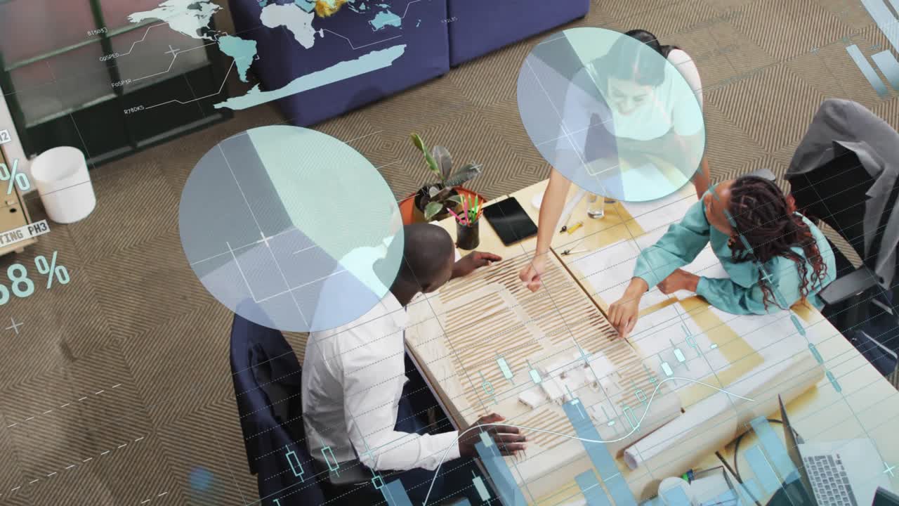 Animation of data processing over diverse business people in office