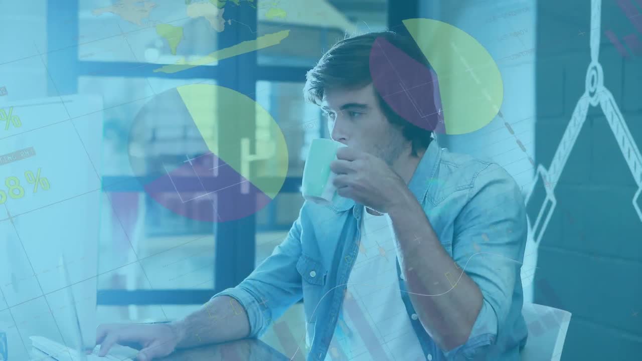 animación del procesamiento de datos financieros sobre el empresario que trabaja en la oficina