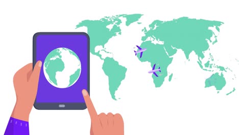 Animation-of-world-map-over-hands-using-tablet-with-globe