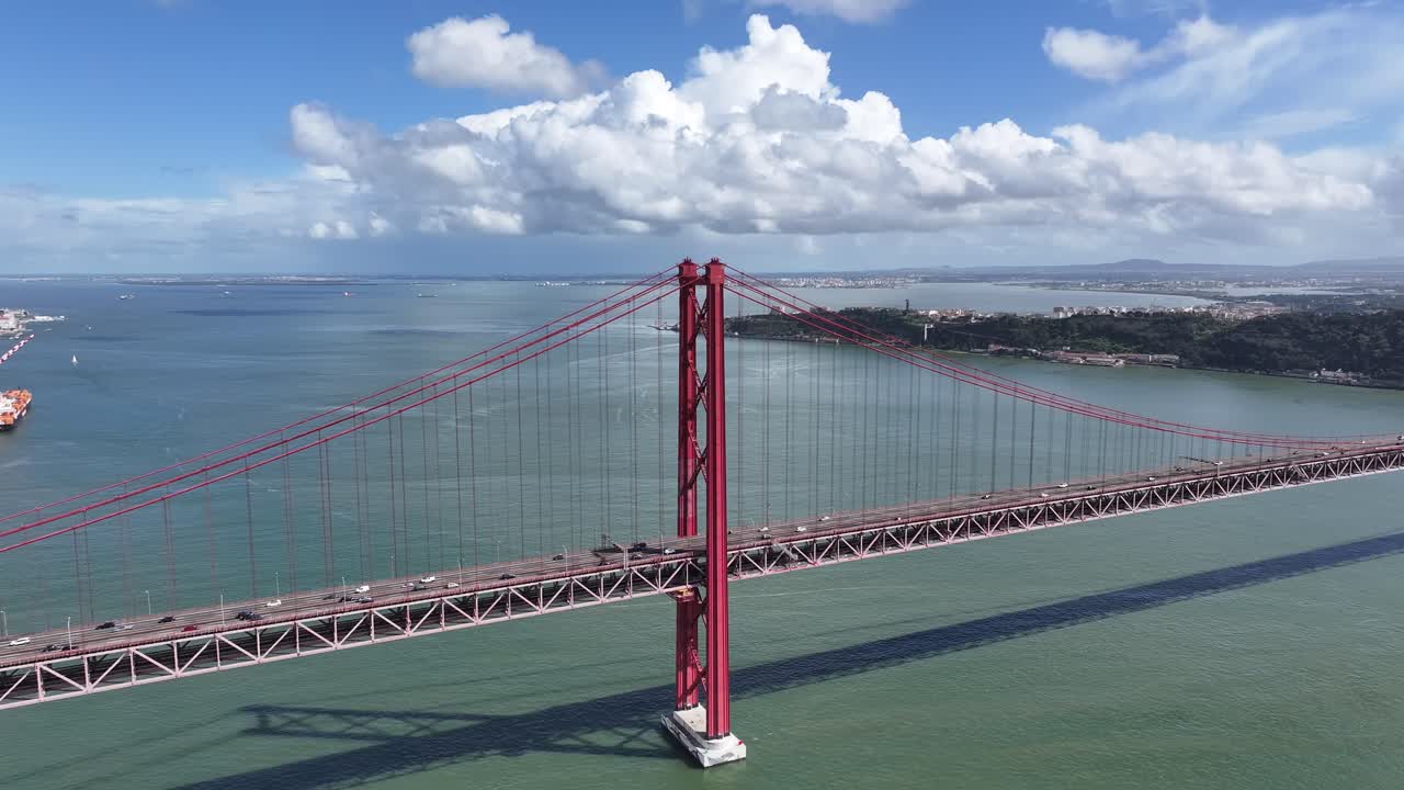 25 Of April Bridge At Lisbon In Lisbon District Portugal. Infrastructure Scenery. Road Trip Transportation. 25 Of April Bridge At Lisbon In Lisbon District Portugal. Famous Cable Stayed Bridge