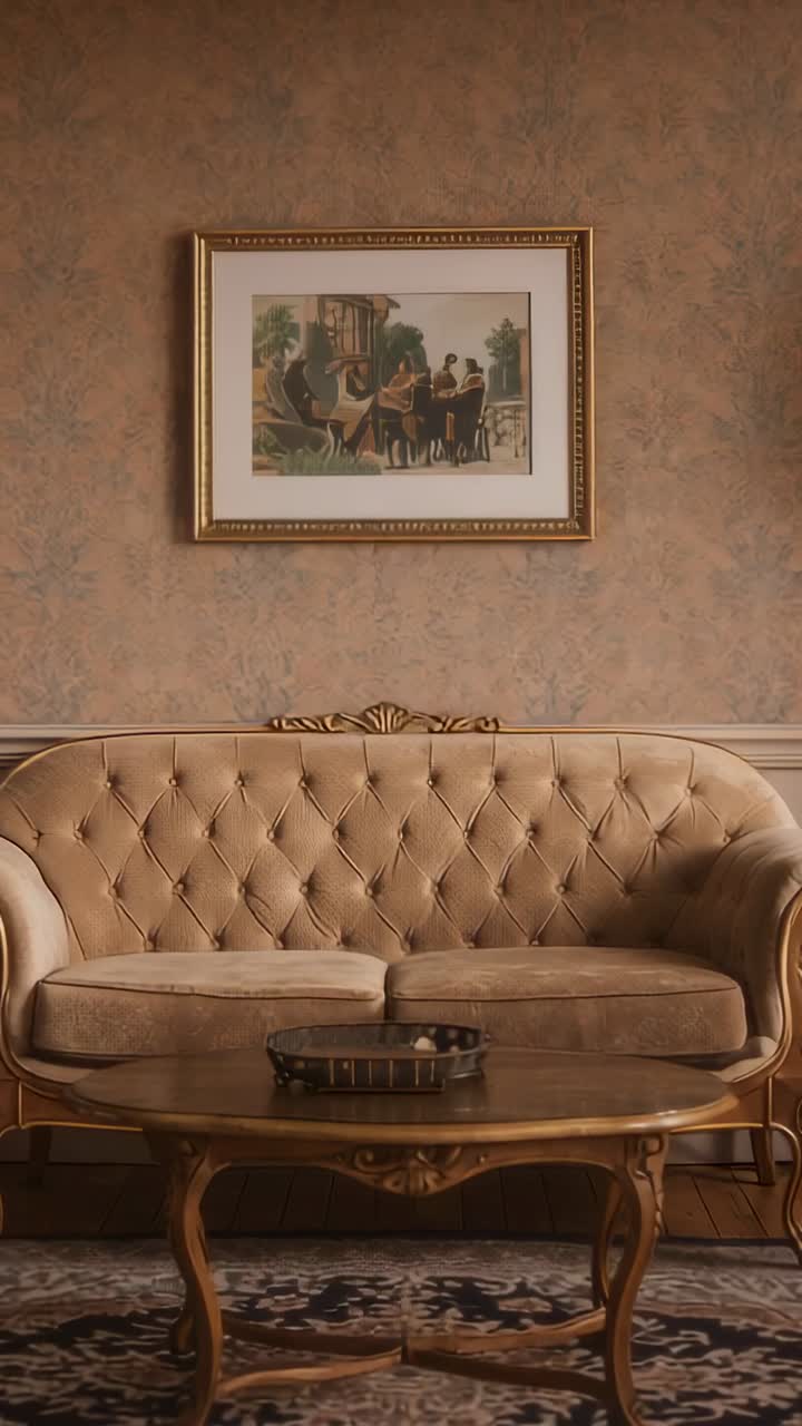 Vertical video: Starting camera capturing tufted sofa in living room with gold painting and rug