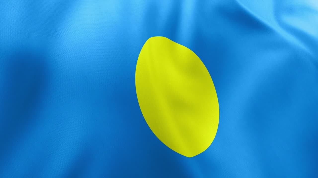 Realistic waving flag of Palau, light blue field with off-center golden disc. Oceanian island nation symbol, Ngerulmud, patriotism, Palau