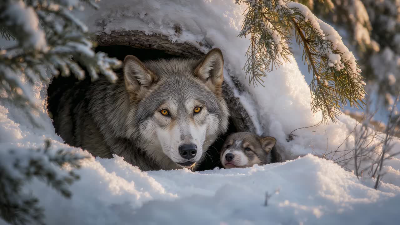 Raising head with low sun warming, adult gray wolf moving at snow-lined den watching pup sheltering