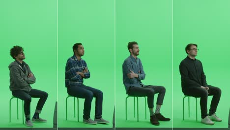 4-in-1 green screen collage: four portraits of handsome men of diverse background, ethnicity, different age sitting on the chroma key chair. side view split screen. multiple clips best value pack