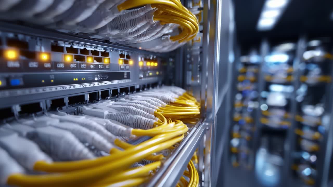 High-Quality Close-Up of Network Server Rack with Colorful Cables Highlighting the Complex Infrastructure of Data Connectivity in a Modern Server Room