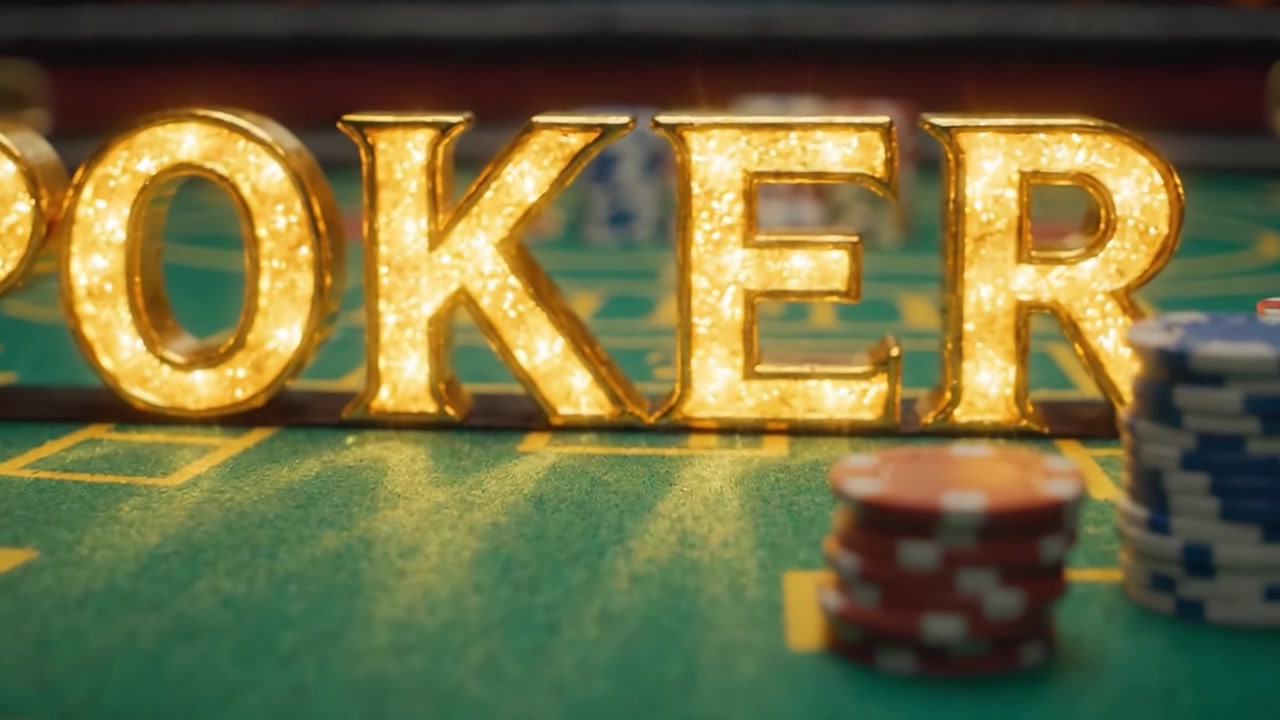 Un'esposizione coinvolgente di un'ambientazione di gioco di poker con fiches vivaci e lettere illuminate che mostrano l'emozione dei giochi di carte in un ambiente da casinò.