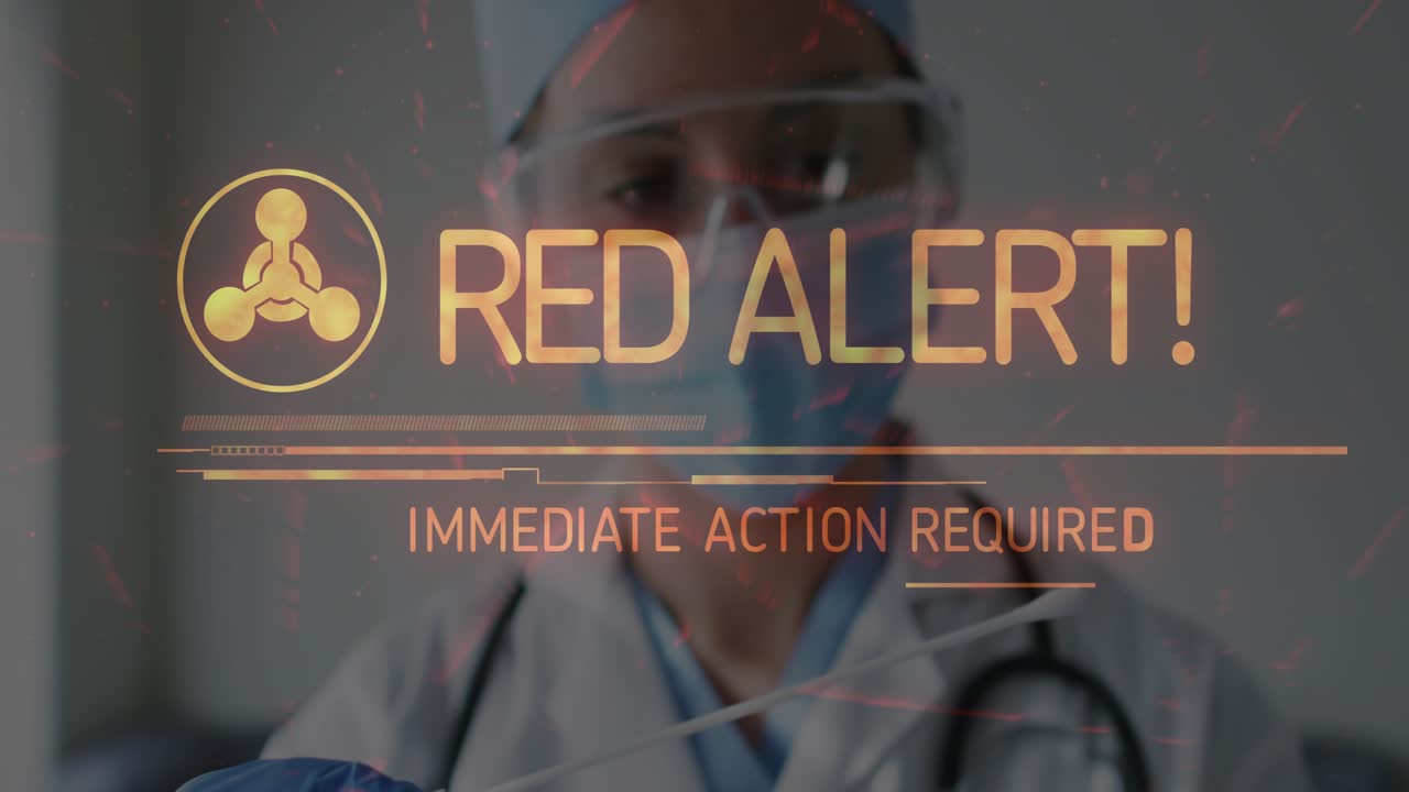 Female medical worker holding swab and test strip, HUD escalating RED ALERT demanding action