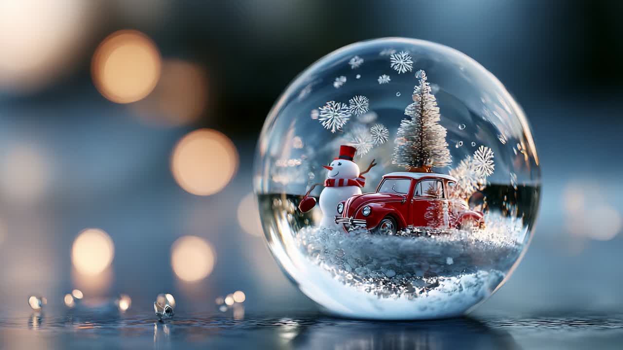 A Charming Winter Wonderland Encased in a Snow Globe Featuring a Classic Red Car, Cheerful Snowman, and a Festive Christmas Tree Surrounded by Delicate Snowflakes and Glimmering Lights
