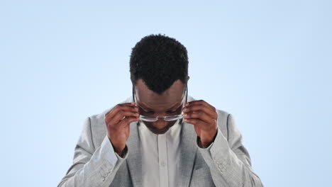 Black-man,-glasses-and-face-with-lens-frame