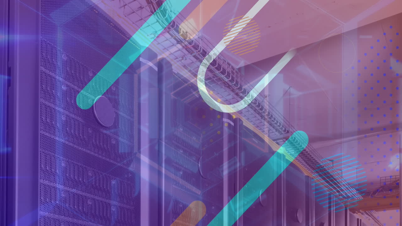 animación de barras y círculos multicolores sobre túnel futurista contra la sala de servidores en el fondo